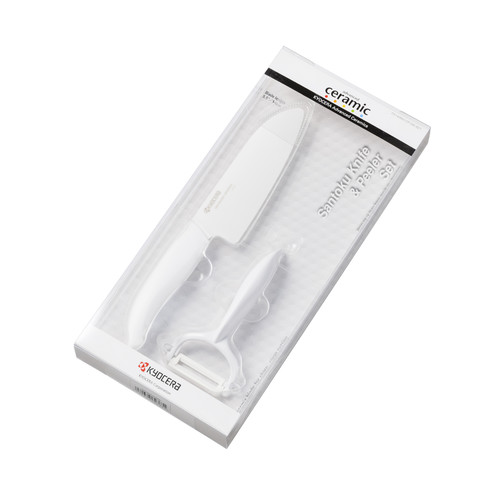 Coffret 'fruits & l&eacute;gumes' (Petit Santoku et &eacute;plucheur) GEN lame blanche manche